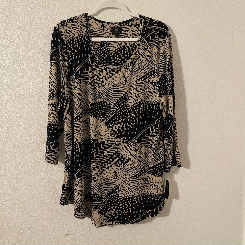 JM Collection Top XXL Beige Black Abstract Art Print 3/4 Sleeve Stretch Blouse